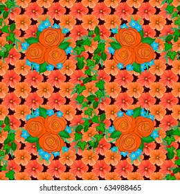 Seamless floral pattern with stylized rose flowers and green leaves on a brown background. Vector illustration.
