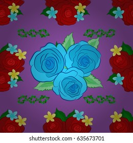 Seamless floral pattern with stylized rose flowers and green leaves on a violet background. Vector illustration.