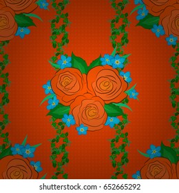 Seamless floral pattern with stylized rose flowers and green leaves on a orange background. Vector illustration.