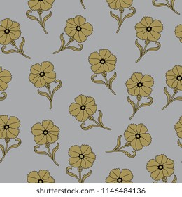 Seamless floral pattern with stylized silhouettes of wild carnation flowers. Delicate gold blossom on silver background.