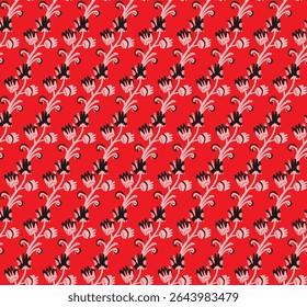 Seamless floral pattern with stylized small flowers in folk art style. Vintage ornamental print inspired by traditional motifs. Scandinavian style, ethnic motifs, linocut