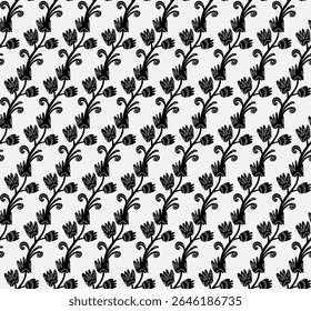 Seamless floral pattern with stylized small flowers in folk art style. Vintage ornamental print inspired by traditional motifs. Scandinavian style, ethnic motifs, linocut