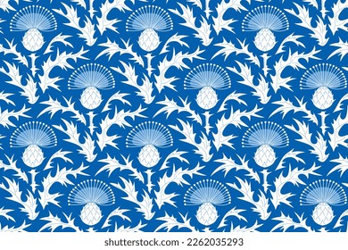 
Seamless floral pattern with stylized thistle. Ornamental vector white and blue background.