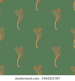Seamless floral pattern with stylized trees or branches. Medieval folk style. On green background.