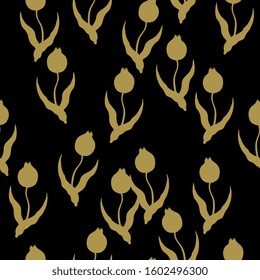 Seamless floral pattern with stylized tulip branches. Gold silhouettes on black background.