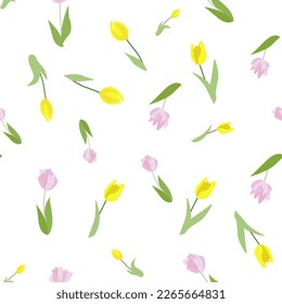 Seamless floral pattern of stylized Tulip flowers for printing, fabrics. Flowers are arranged in a chaotic manner on a white background. Pattern with different colors. repeating spring flowers.