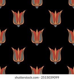 Padrão floral perfeito com tulipa estilizada ou flores de lírio. Estilo popular. Em fundo preto.
