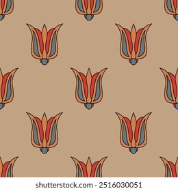 Seamless floral pattern with stylized tulip or lily flowers. Folk style. On beige background.