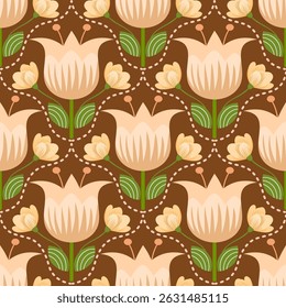 Seamless floral pattern with stylized tulip flowers in warm brown tones. This vintage inspired vector design is perfect for fabric, wallpaper, and packaging.