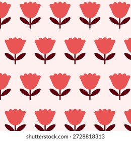 Padrão floral contínuo com flores de tulipa estilizadas sobre fundo rosa macio. Design bonito mínimo para tecido, papel de parede, embalagem, papel de embrulho e decoração de mola.