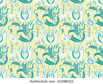 Seamless floral pattern with stylized tulip flowers on yellow background