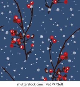 Seamless floral pattern with stylized twigs of red berries and snowflakes. Flat folk style.