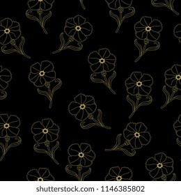 Seamless floral pattern with stylized wild carnation flowers. Linear golden silhouettes on black background.