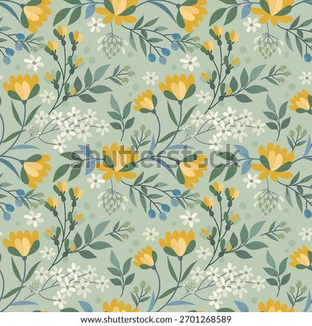 Seamless floral pattern with stylized yellow and white flowers, blue berries, and leaves on a sage green background. This modern, folk-art design is great for textiles, wallpaper, and spring decor
