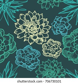 Seamless floral pattern with succulents. Hand drawn sketch illustration. Ideal for textile print