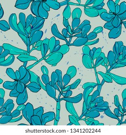 seamless floral pattern with succulents,Crassula Ovata, Cactus.exotic home plants.Hand drawing, linart, sketch. For packaging, cloth, paper, wrappers