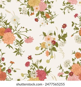 Seamless floral pattern with summer and autumn flowers. Colorful.