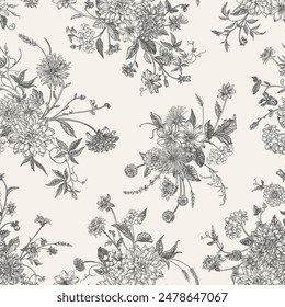 Seamless floral pattern with summer and autumn flowers. Engraving style. Black and white.