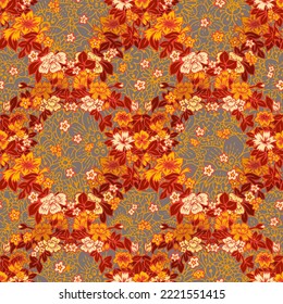 Seamless floral pattern. Summer botanical background with cute wildflowers made in diamond geometric tracery. Ethnic nature ornament for fabric and textile swatch. Decorative blooming garden flowers.