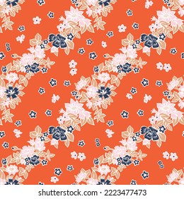 Seamless floral pattern. Summer botanical background with cute wildflowers made in geometric tracery. Sketch drawing nature ornament for fabric, textile, wallpaper. Decorative blooming garden flowers.
