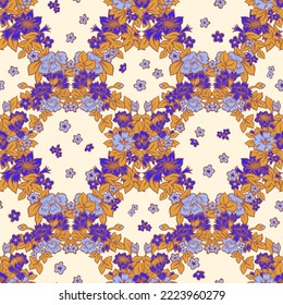 Seamless floral pattern. Summer botanical background with cute wildflowers made in diamond geometric tracery. Sketched nature ornament for fabric and textile swatch. Decorative blooming garden flowers