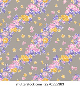 Seamless floral pattern. Summer botanical background with cute wildflowers made in geometric tracery. Sketch drawing nature ornament for fabric, textile, wallpaper. Decorative blooming garden flowers.