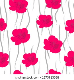Seamless floral pattern, summer,  bright pink flowers on white background, abstract, hand drawing, vector illustration