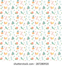 Seamless floral pattern. Summer composition with bees, snails, butterflies, branches, flowers. Can use it as pattern fills, web page background, surface textures, fabric or paper, backdrop design