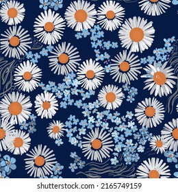 seamless floral pattern for summer daisies and blue flowers on a dark background.