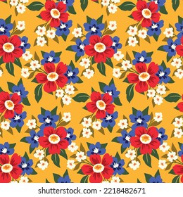 Impresión floral sin foco, estampado veraniego con bonitas ramas de flores. Diseño de la superficie floral brillante con flores rojas dibujadas a mano, hojas pequeñas sobre fondo amarillo. Ilustración vectorial floral.
