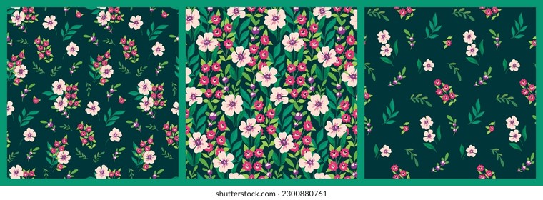 Patrón floral sin foco, impresión de color marrón veraniego con plantas silvestres dibujadas a mano en el conjunto. Diseño botánico para tela, papel: flores pequeñas, hojas, ramas sobre un fondo azul. Ilustración vectorial.