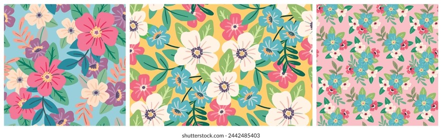 Seamless floral pattern, summer ditsy print collection. Cute colorful botanical design: large hand drawn daisy flowers, small flowers, leaves. Pretty abstract flower ornament, vector illustration.