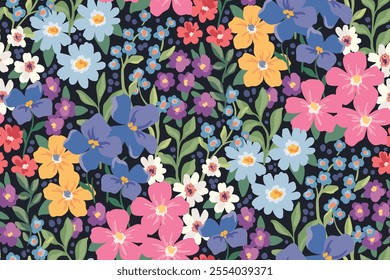 Seamless floral pattern, summer ditsy print with colorful hand drawn meadow. Cute botanical design: small and large wild flowers, green leaves, ornate composition of wild plants. Vector illustration.