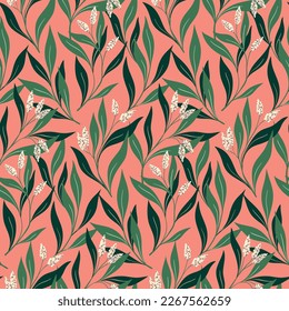 Seamless floral pattern, summer flower print with hand drawn blooming twigs. Trendy botanical design with small tassels of flowers, branches, green leaves on a pink background. Vector illustration.