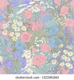 Seamless floral pattern. Summer flowers. Rustic. Pastel color