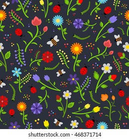 Seamless floral pattern with summer flowers and insects 