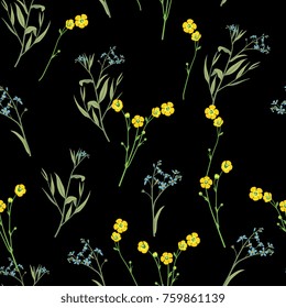 Seamless floral pattern with summer flowers. Buttercups and forget-me-nots.