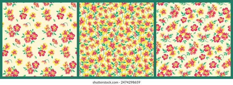 Seamless floral pattern, summer liberty ditsy print in bright yellow, red colors. Cute botanical design collection: small hand drawn flowers, tiny leaves, simple bouquets abstract. Vector illustration