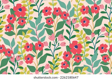 Seamless floral pattern with summer meadow in cute retro style. Colorful ditsy print, pretty botanical background with hand drawn cartoon plants: small wild flowers, branches, large leaves. Vector.