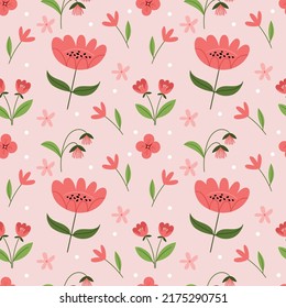 Seamless floral pattern with summer pink flowers and leaves.Colorful flat vector illustration. Repeating texture design.