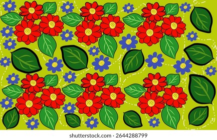 Seamless floral pattern, summer print with hand-drawn colorful flower fields. Cute botanical design: small and large wildflowers, green leaves, ornamental wild plant composition. Vector illustration.