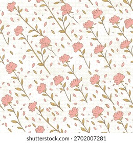 Seamless floral pattern with summer red and yellow wildflowers and leaves on a textured pattern background used for  Textile print, fabric swatch, wrapping paper