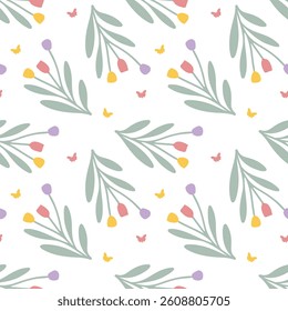 Seamless floral pattern, summer texture with tulips and flowers, bright colors, vector style, soft and elegant design