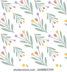 Seamless floral pattern, summer texture with tulips and flowers, bright colors, vector style, soft and elegant design