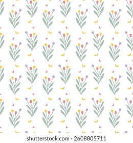 Seamless floral pattern, summer texture with tulips and flowers, bright colors, vector style, soft and elegant design