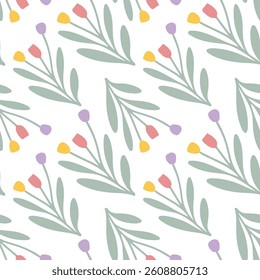 Seamless floral pattern, summer texture with tulips and flowers, bright colors, vector style, soft and elegant design