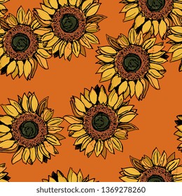 Seamless floral pattern with sunflower blossom. Hand drawn art.