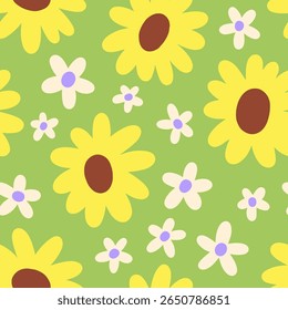 Seamless floral pattern with sunflowers and daisies. Endless background, repeating print design with blooming flowers, summer nature in doodle groovy trippy style. Colored flat vector illustration
