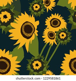Seamless floral pattern with sunflowers on navy blue background. Vector illustration. 