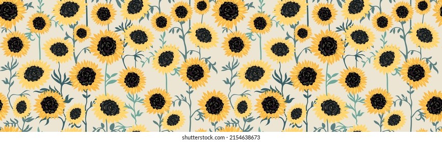 Seamless floral pattern with sunflowers on a light coffee-white background. Rustic vintage design, folk theme. Wildflowers botanical print in a hand-drawn style. Vector illustration.